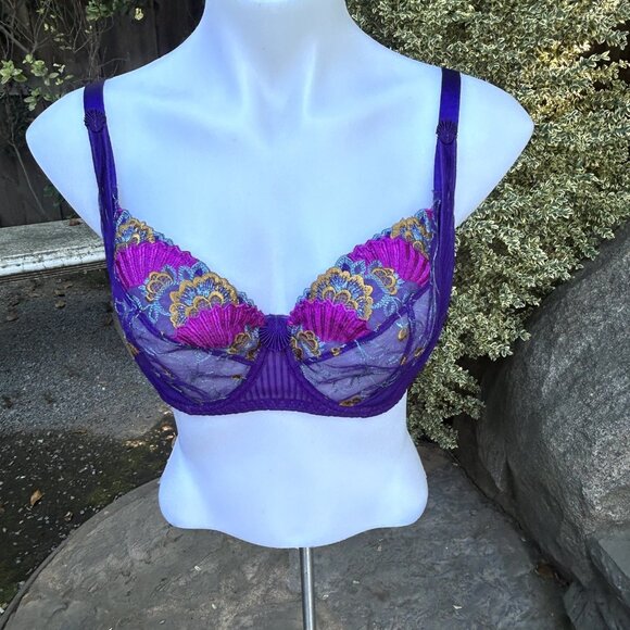 Aubade Paris French Kiss Purple Floral Lace Unlined Underwire Balconette Bra 34E - Picture 8 of 13